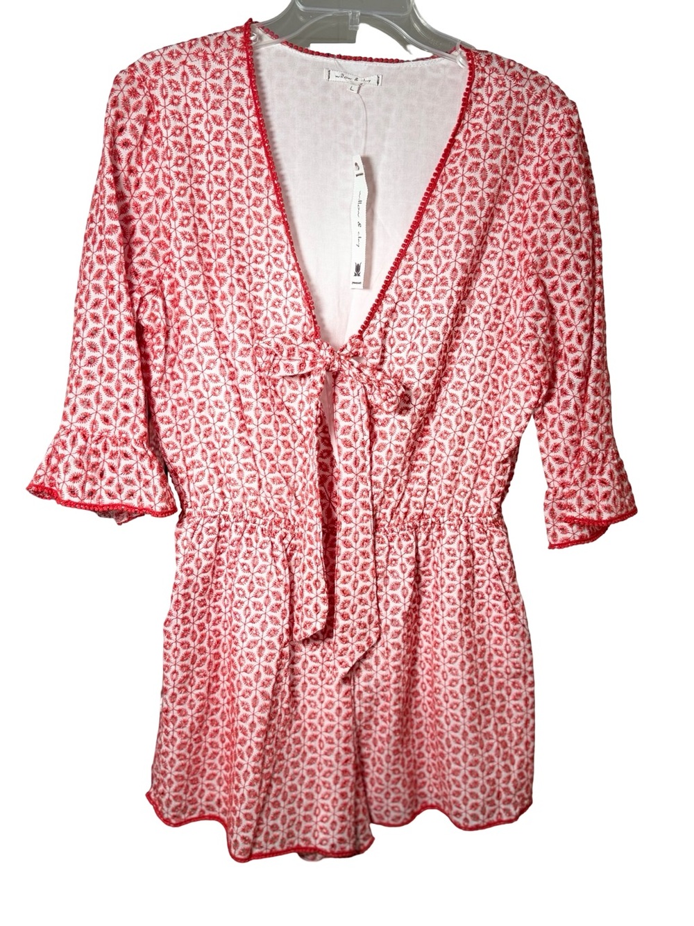 NWT Willow & Clay Tie-Front embroidered Romper in and Red and White